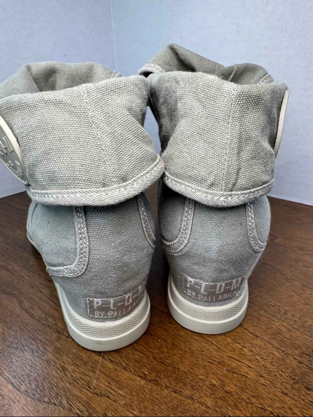 PLDM Palladium Womens Gray Canvas Fold-Over High-Top Hidden Wedge Sneakers, 40